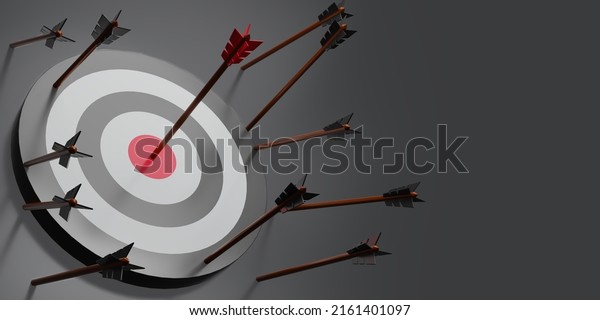 3D render one\
Arrows hit the center of the target on a dartboard on dark\
background. Minimal target with arrows. Business finance target\
concept. 3d rendering\
illustration.