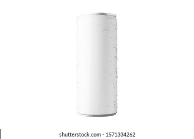 3d Render Of One Empty And Isolated Matte White Long Slim Steel Beverage Can Container Mock Ups Design Templates In Easy To Cut Background Without Shadow With Water Droplets In Product Shot