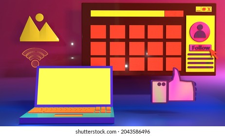 3D Render, online laptop browsing picture and follow