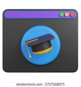 3d render Online Learning Platform Icon with Graduation Cap
