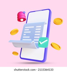 3d render of Online Payment concept, transaction receipt online payment icon. Isolated on pink background