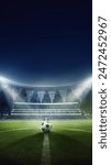 3D render of open air football empty stadium with single ball on grass, neon illumination and blurred tribunes with fans. Vertical layout. Concept of professional sport, tournament, game, championship