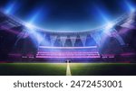 3D render of open air football empty stadium with neon illumination and blurred tribunes with fans and starry sky. Evening game. Concept of professional sport, event, tournament, game, championship