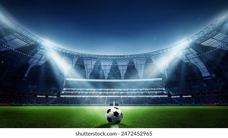 3D render of open air football empty stadium with single ball on grass, neon illumination and blurred tribunes with fans. Evening game. Concept of professional sport, tournament, game, championship