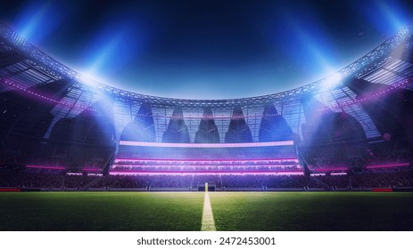 3D render of open air football empty stadium with neon illumination and blurred tribunes with fans and starry sky. Evening game. Concept of professional sport, event, tournament, game, championship