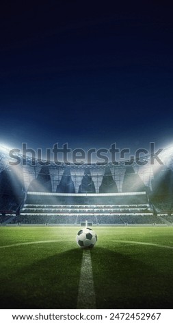 3D render of open air football empty stadium with single ball on grass, neon illumination and blurred tribunes with fans. Vertical layout. Concept of professional sport, tournament, game, championship