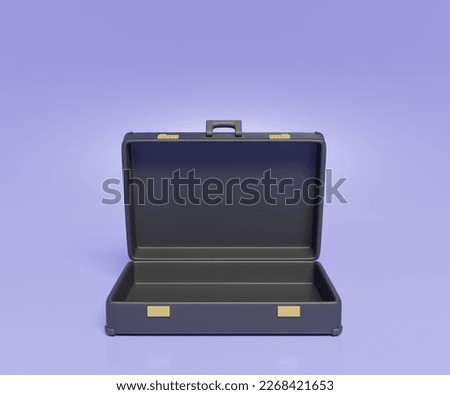 3d render open black suitcase. isolated on purple background. business money finance concept.