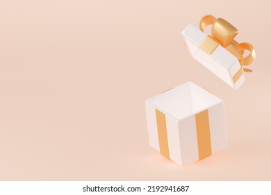 3D render open gift box with golden ribbon. Isolated package with pastel glossy bow on beige background. Holiday surprise, bouns, birthday, christmas or wedding present, Realistic. 3D Illustration