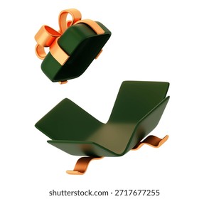3d render open green gift box with gold ribbon isolated for surprise unboxing reveal and product display mockup