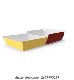 3D render of an open red and yellow fast food burger box, ideal for packaging design, branding, restaurant ads, and delivery mockups.