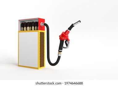 3D Render Opened Blank Matchbox Mockup With Fuel Pump Nozzle Isolated On Color Background