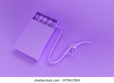 3D Render Opened Blank Matchbox Mockup With Fuel Pump Nozzle Isolated On Color Background