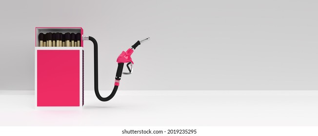 3D Render Opened Blank Matchbox Mockup With Fuel Pump Nozzle Isolated On Color Background