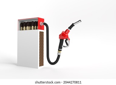 3D Render Opened Blank Matchbox Mockup With Fuel Pump Nozzle Isolated On Color Background