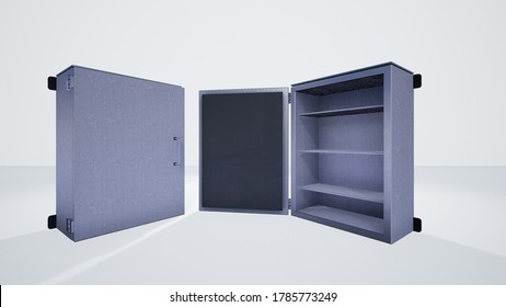 3D render - Opened and closed metal cupboard isolated on white, Steel cabinet
