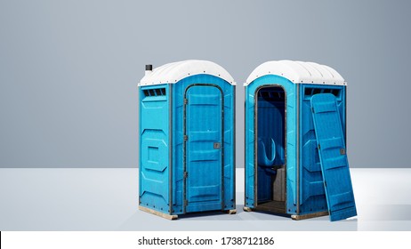 3D render - Opened and closed mobile portable blue plastic toilets, Mobile toilet