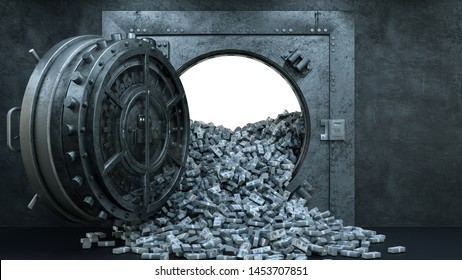 3d Render Opening Of The Vault Door In Bank With A Lot Of Money