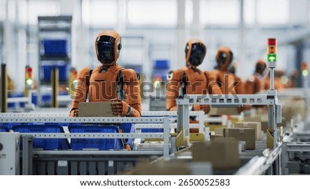3D Render: Orange Autonomous AI-Enabled Humanoid Robot Working at Fulfillment Center. He is Sorting Packages and Moving Boxes. Automated Warehouse or Logistics Center with General Purpose Robots