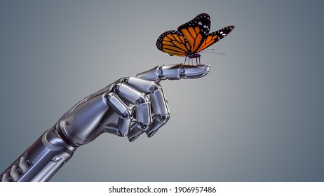 詳細なロボットの人差し指の上に置かれたオレンジ色の蝶の3Dレンダリング。 色の背景に分離