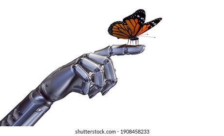 詳細なロボットの人差し指の上に置かれたオレンジ色の蝶の3Dレンダリング。 白い背景に分離型