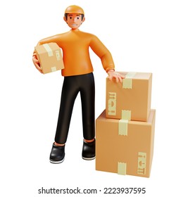 3d Render Orange Courier Delivering Package