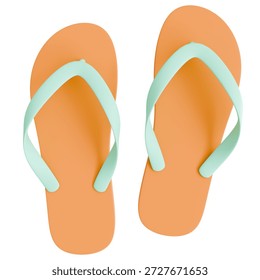 3D render of orange and mint green flip flops, ideal for summer vacation, beach travel, and casual lifestyle graphic design projects or tropical-themed advertisements.