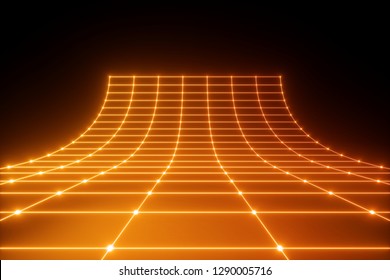 3d Render, Orange Neon Light, Abstract Ultraviolet Background, Laser Grid, Virtual Network, Glowing Lines