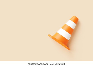 3D render of orange traffic cone with white stripes tilted on beige background