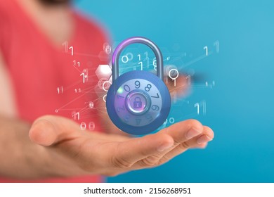 A 3D render of a padlock surrounded by binary codes being manipulated in a holographic manner