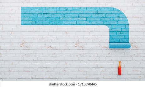 3D render. Paint roller paints a white wall with orange paint. Place for advertising.