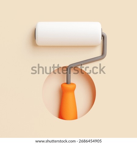 3D render of paint roller with white roller and orange handle on beige background
