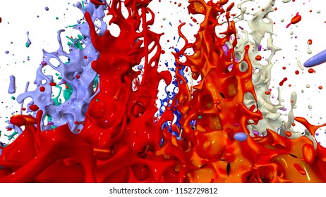 3d render of paint splashes isolated on white background. Simulation of 3d splashes on a musical speaker that play music. multicolor version 36