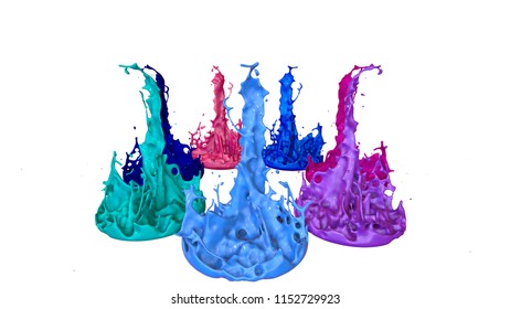 3d render of paint splashes isolated on white background. Simulation of 3d splashes on a musical speaker that play music. multicolor version 26 circular structure