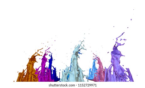 3d render of paint splashes isolated on white background. Simulation of 3d splashes on a musical speaker that play music. multicolor version 24