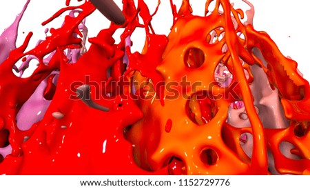 3d render of paint splashes isolated on white background. Simulation of 3d splashes on a musical speaker that play music. shades of warm colors 7