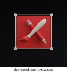 3d Render Paintbrush Ang Pencil Icon Isolated On Black Background.