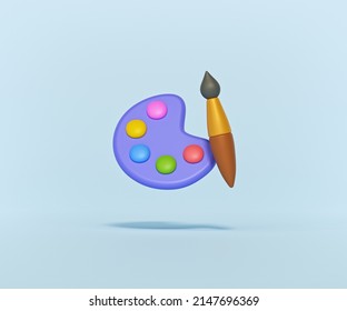 3d Render Painter Palette And Paint Brush Icon Isolated Design.