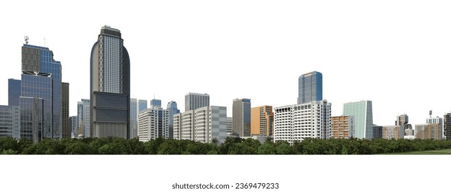 3D render panorama view high-rise cities On background: White with clipping path