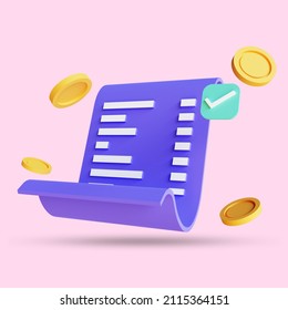 3d render of paper bill, transaction receipt online payment icon. Isolated on pink background