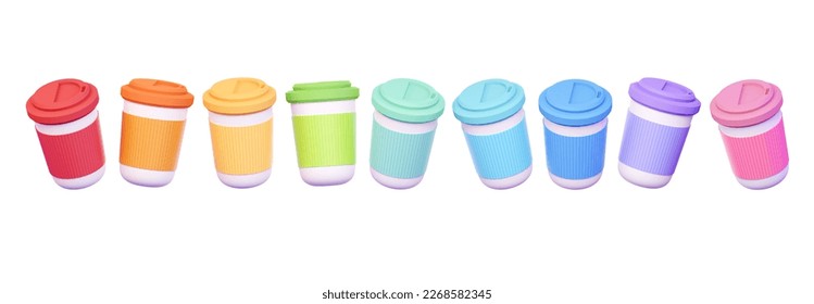 3d Render of Paper Coffee Cups. Rainbow Colored Cups Isolated on White Background Floating in Line