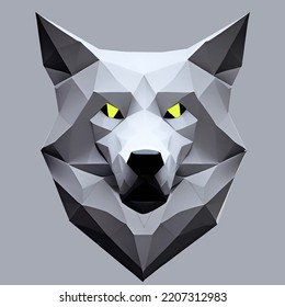 3d Render Of A Paper Crafted Polygonal Head Of A Wolf. Low Poly Sculpture Of A Dog.