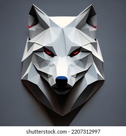 3d Render Of A Paper Crafted Polygonal Head Of A Wolf. Low Poly Sculpture Of A Dog.