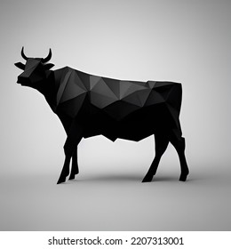 3d Render Of A Paper Crafted Polygonal Of A Cow. Low Poly Sculpture Of A Bull.