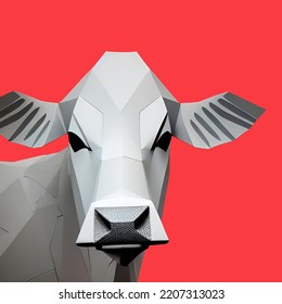 3d Render Of A Paper Crafted Polygonal Head Of A Cow. Low Poly Sculpture Of A Bull.