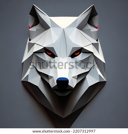 3d render of a paper crafted polygonal head of a wolf. low poly sculpture of a dog.
