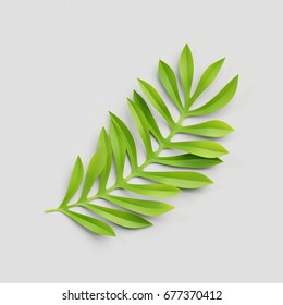 3d Render, Paper Cut Decor, Green Tropical Leaf, Isolated Botanical Clip Art Element