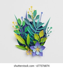 3d render, paper cut decor, meadow flowers and herbs,earth day greeting card, isolated botanical clip art elements