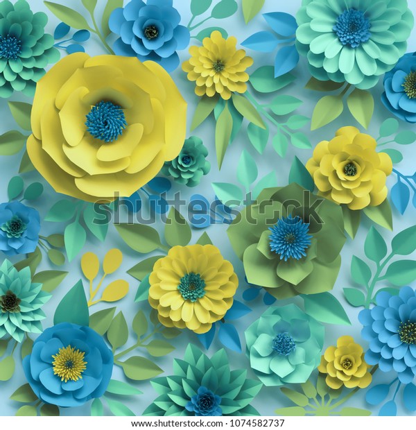 3dレンダリング 紙の花 植物の背景 花柄の壁紙 青緑の模様 庭 ミントの青の黄色 春の夏の自然 バラ デイジー ダリア のイラスト素材 1074582737