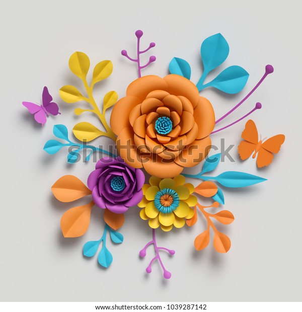 3d Render Paper Flowers Bouquet Vivid Stock Illustration 1039287142 ...