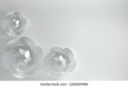 3d render paper peony rose flowers. Digital illustration, white background and white paper flowers. Floral composition background, wedding card, quilling, romantic bridal bouquet